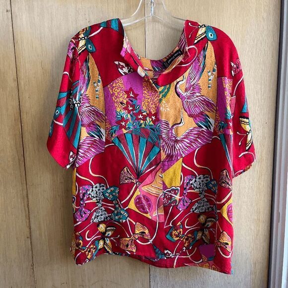 Louis Féraud Couture Designer Novelty Print Silk Blouse Asian Cranes, Bows, Butt - Picture 6 of 7